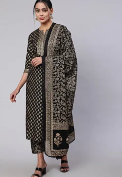 Golden Printed Cotton Pakistani Suit in Black