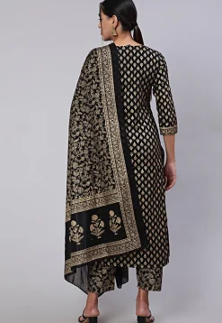 Golden Printed Cotton Pakistani Suit in Black