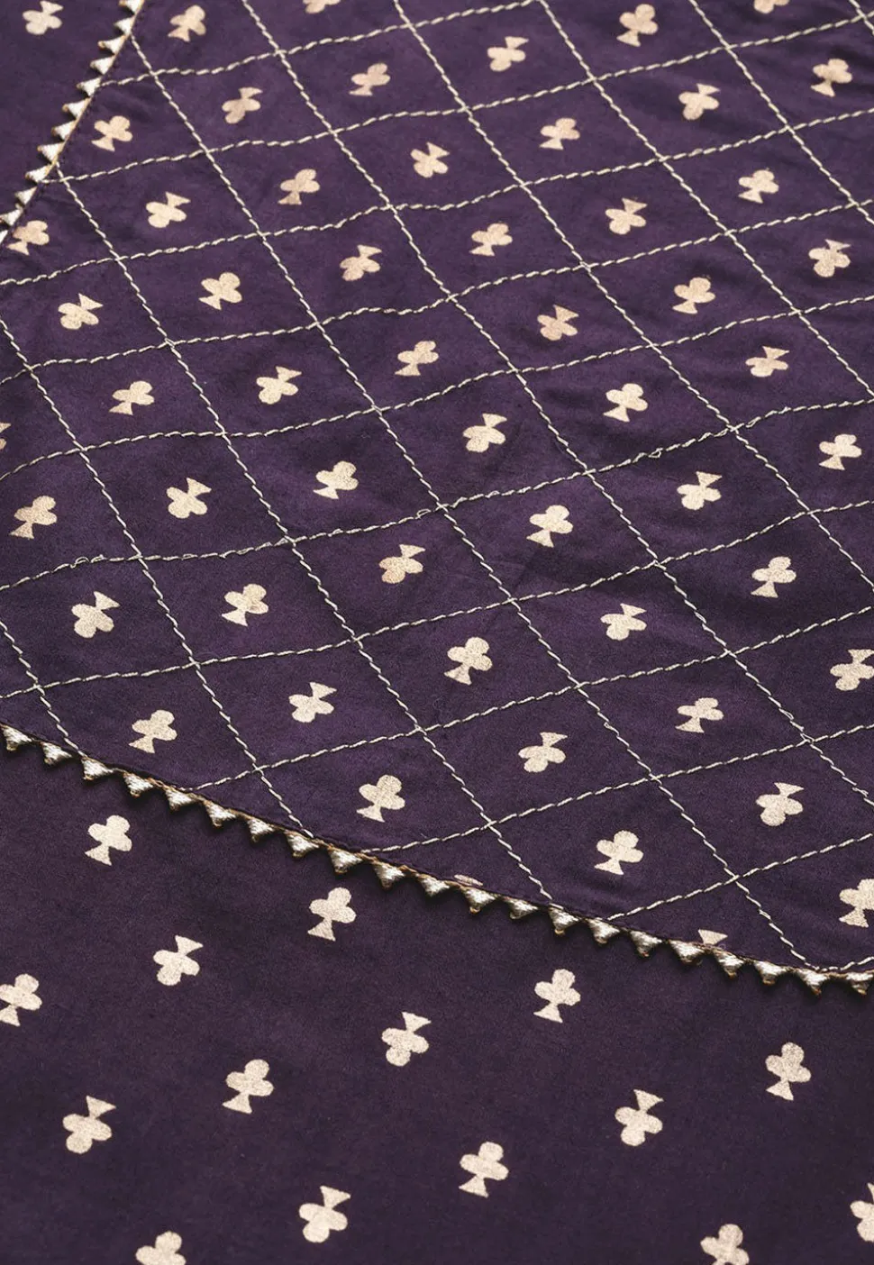 Golden Printed Cotton Pakistani Suit in Dark Purple
