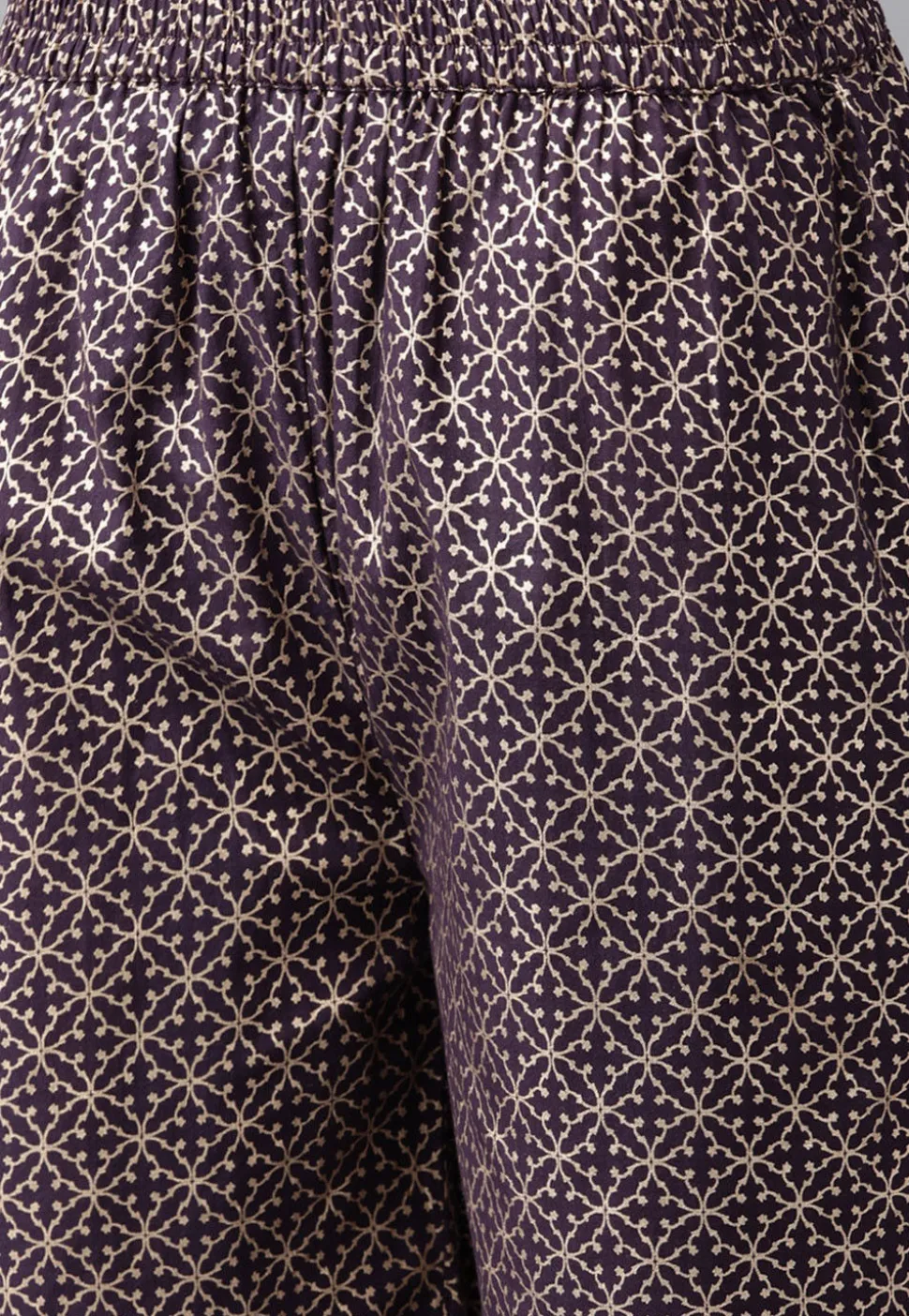 Golden Printed Cotton Pakistani Suit in Dark Purple