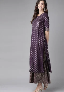 Golden Printed Cotton Pakistani Suit in Dark Purple