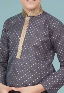 Golden Printed Cotton Silk Kurta Set in Grey