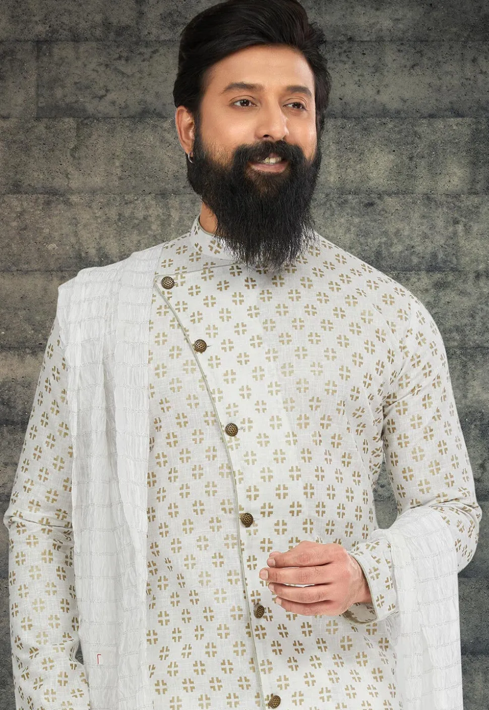 Golden Printed Cotton Silk Kurta Set in Off White