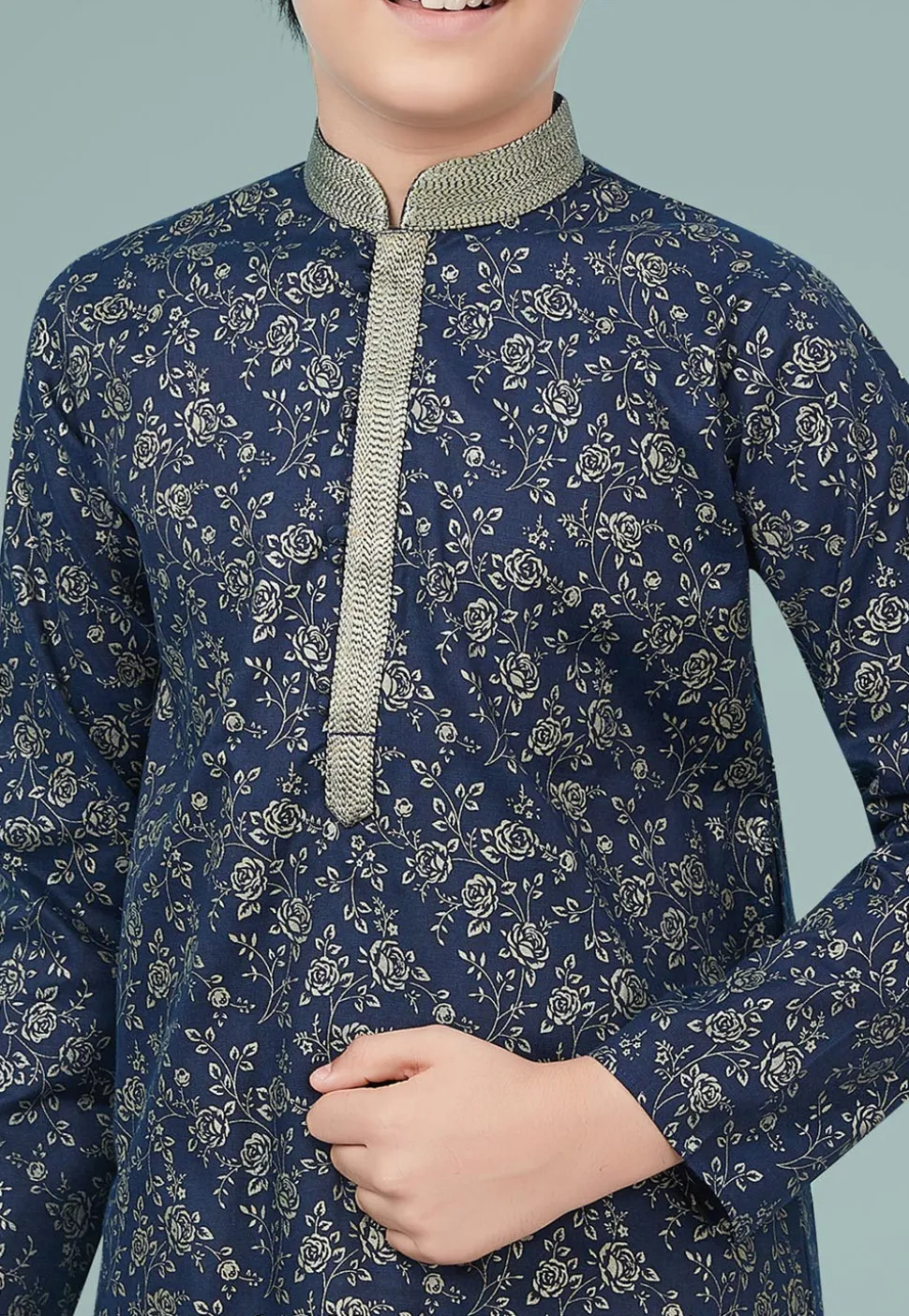 Golden Printed Cotton Silk Kurta Set in Navy Blue