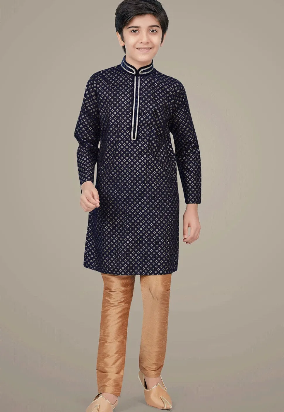 Golden Printed Cotton Silk Kurta Set in Navy Blue