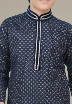 Golden Printed Cotton Silk Kurta Set in Navy Blue