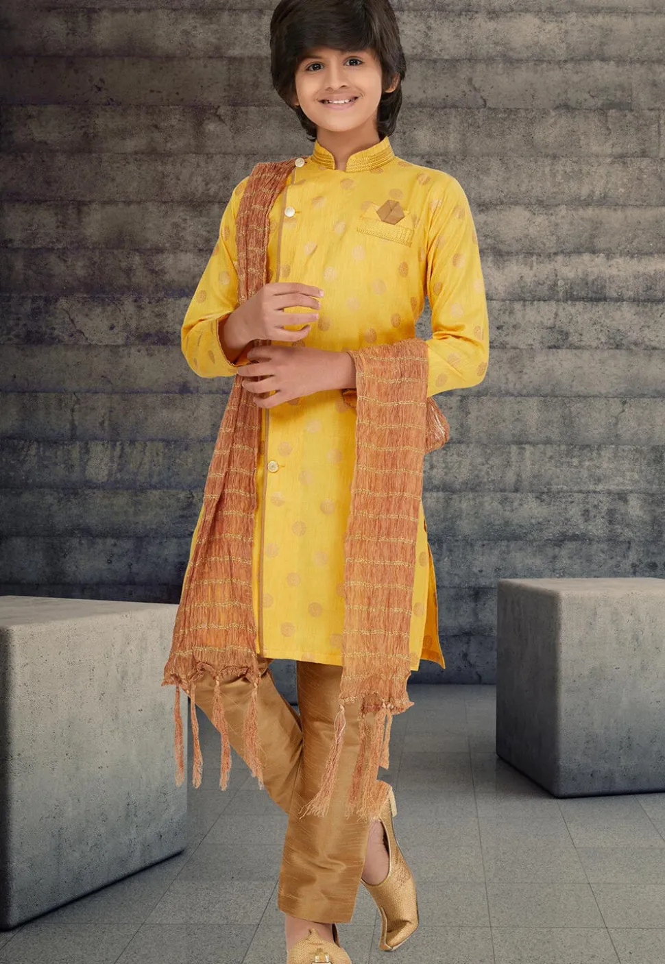 Golden Printed Cotton Silk Sherwani in Yellow