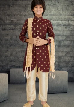Golden Printed Cotton Silk Sherwani in Maroon