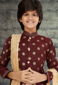 Golden Printed Cotton Silk Sherwani in Maroon