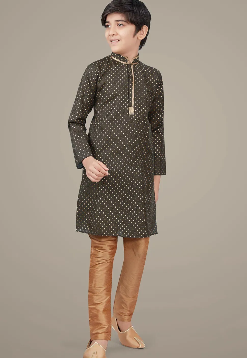 Golden Printed Cotton Silk Kurta Set in Olive Green