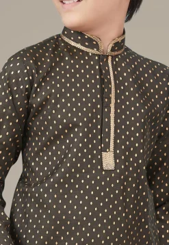 Golden Printed Cotton Silk Kurta Set in Olive Green