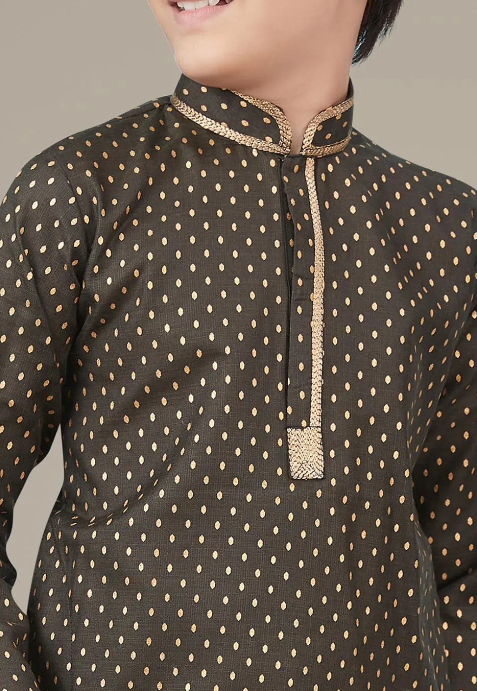 Golden Printed Cotton Silk Kurta Set in Olive Green
