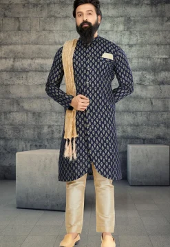 Golden Printed Cotton Silk Kurta in Navy Blue
