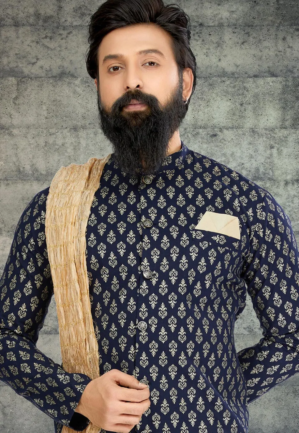 Golden Printed Cotton Silk Kurta in Navy Blue