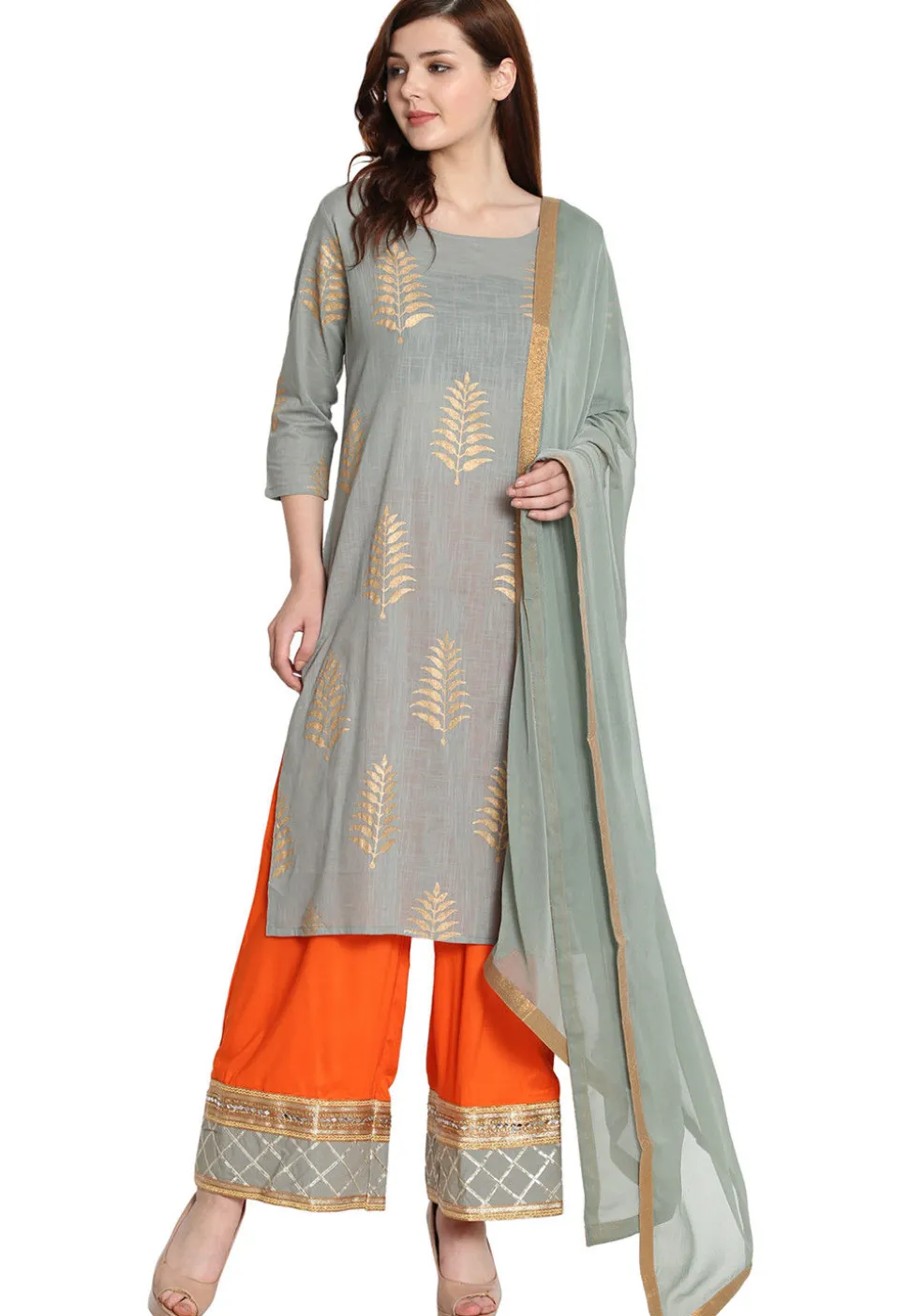 Golden Printed Cotton Slub Pakistani Suit in Grey