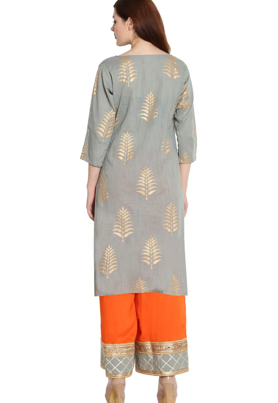 Golden Printed Cotton Slub Pakistani Suit in Grey