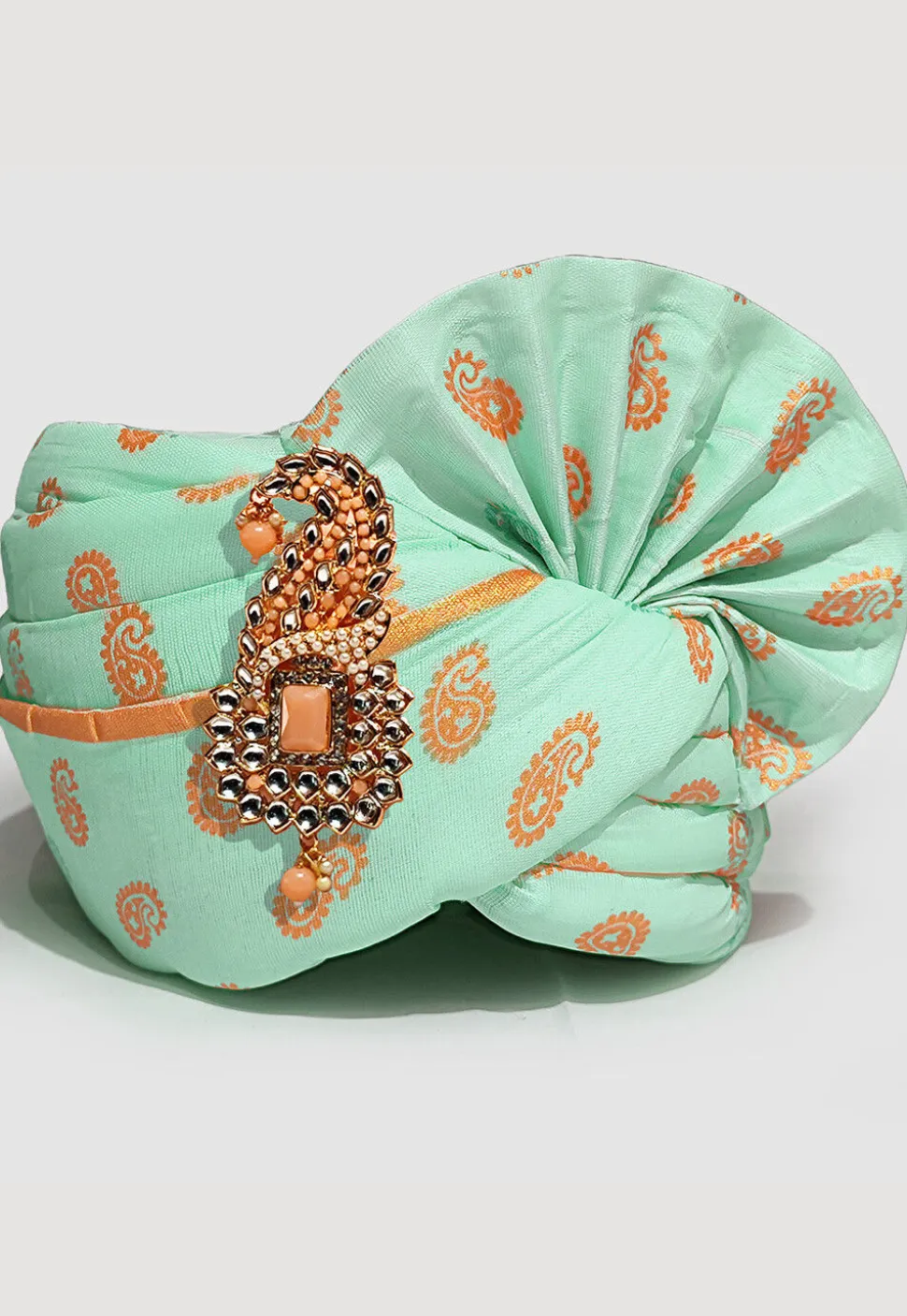 Golden Printed Cotton Turban in Sea Green