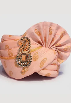 Golden Printed Cotton Turban in Peach
