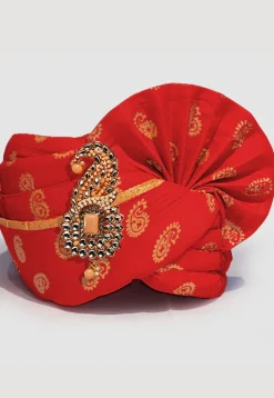 Golden Printed Cotton Turban in Red