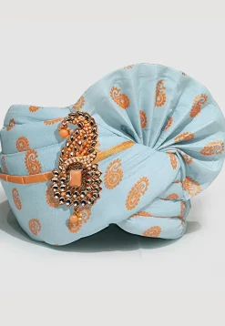 Golden Printed Cotton Turban in Sky Blue