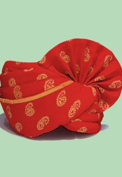 Golden Printed Cotton Turban in Red