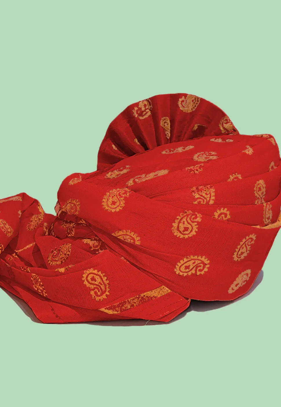 Golden Printed Cotton Turban in Red