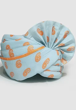Golden Printed Cotton Unisex Turban in Sky Blue
