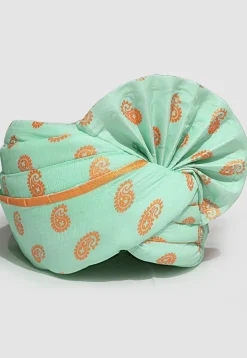 Golden Printed Cotton Unisex Turban in Sea Green