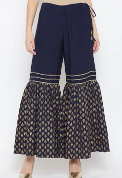 Golden Printed Crepe Sharara in Navy Blue