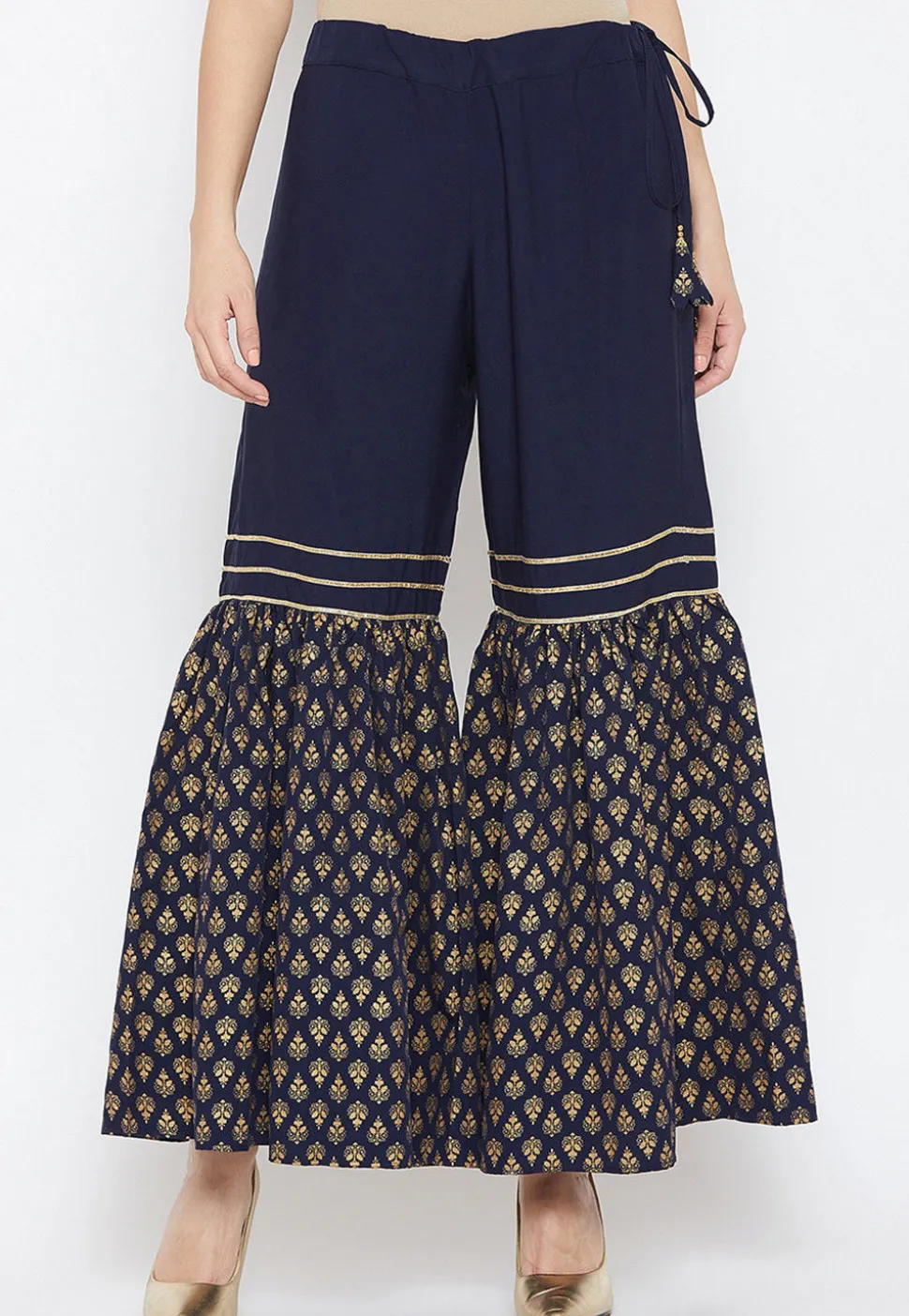 Golden Printed Crepe Sharara in Navy Blue