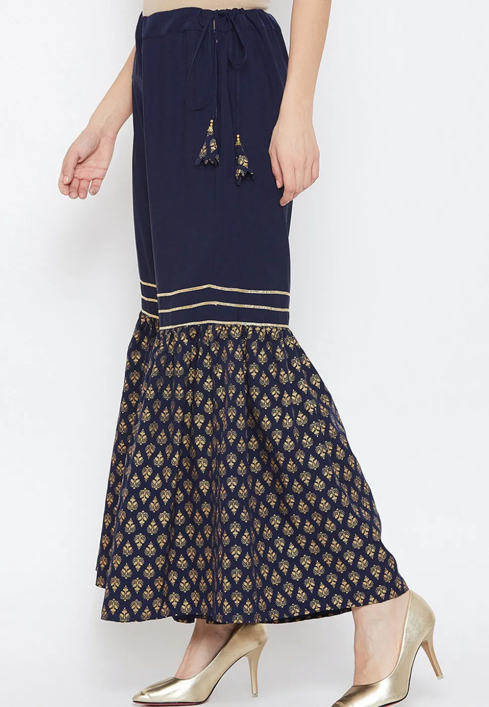 Golden Printed Crepe Sharara in Navy Blue