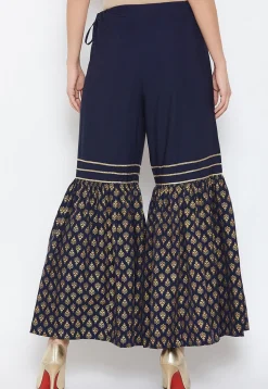 Golden Printed Crepe Sharara in Navy Blue
