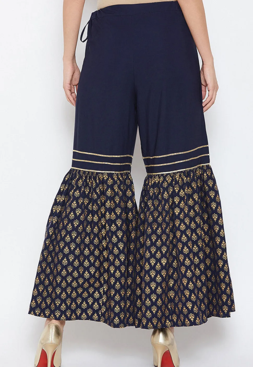 Golden Printed Crepe Sharara in Navy Blue