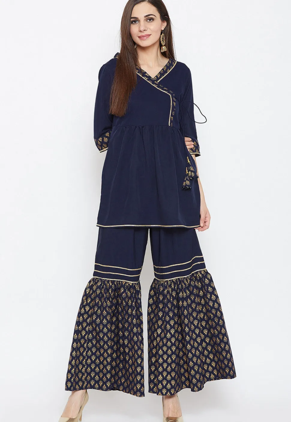 Golden Printed Crepe Sharara in Navy Blue