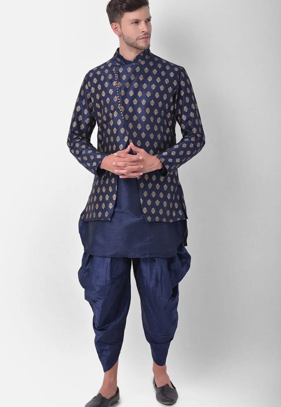 Golden Printed Dupion Silk Dhoti Kurta in Navy Blue