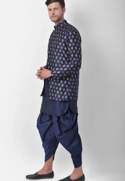 Golden Printed Dupion Silk Dhoti Kurta in Navy Blue