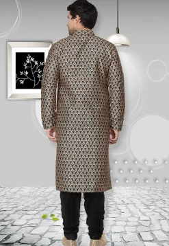 Golden Printed Dupion Silk Kurta Set in Black