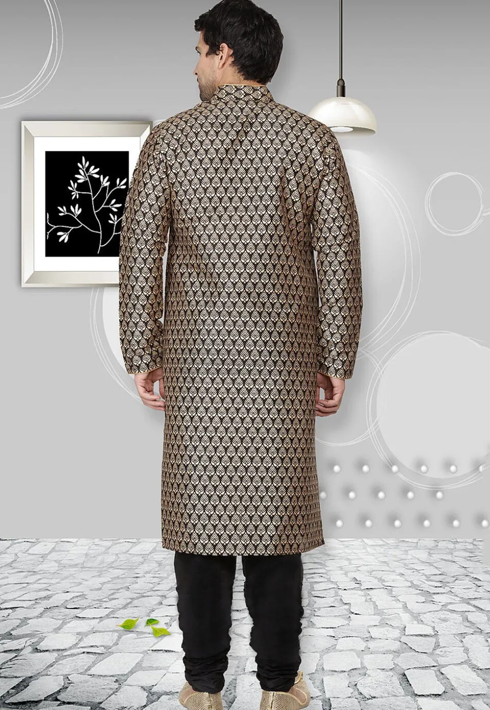 Golden Printed Dupion Silk Kurta Set in Black