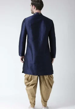 Golden Printed Dupion Silk Side Slit Dhoti Kurta in Navy Blue