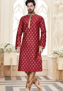 Golden Printed Dupion Silk Kurta Set in Red