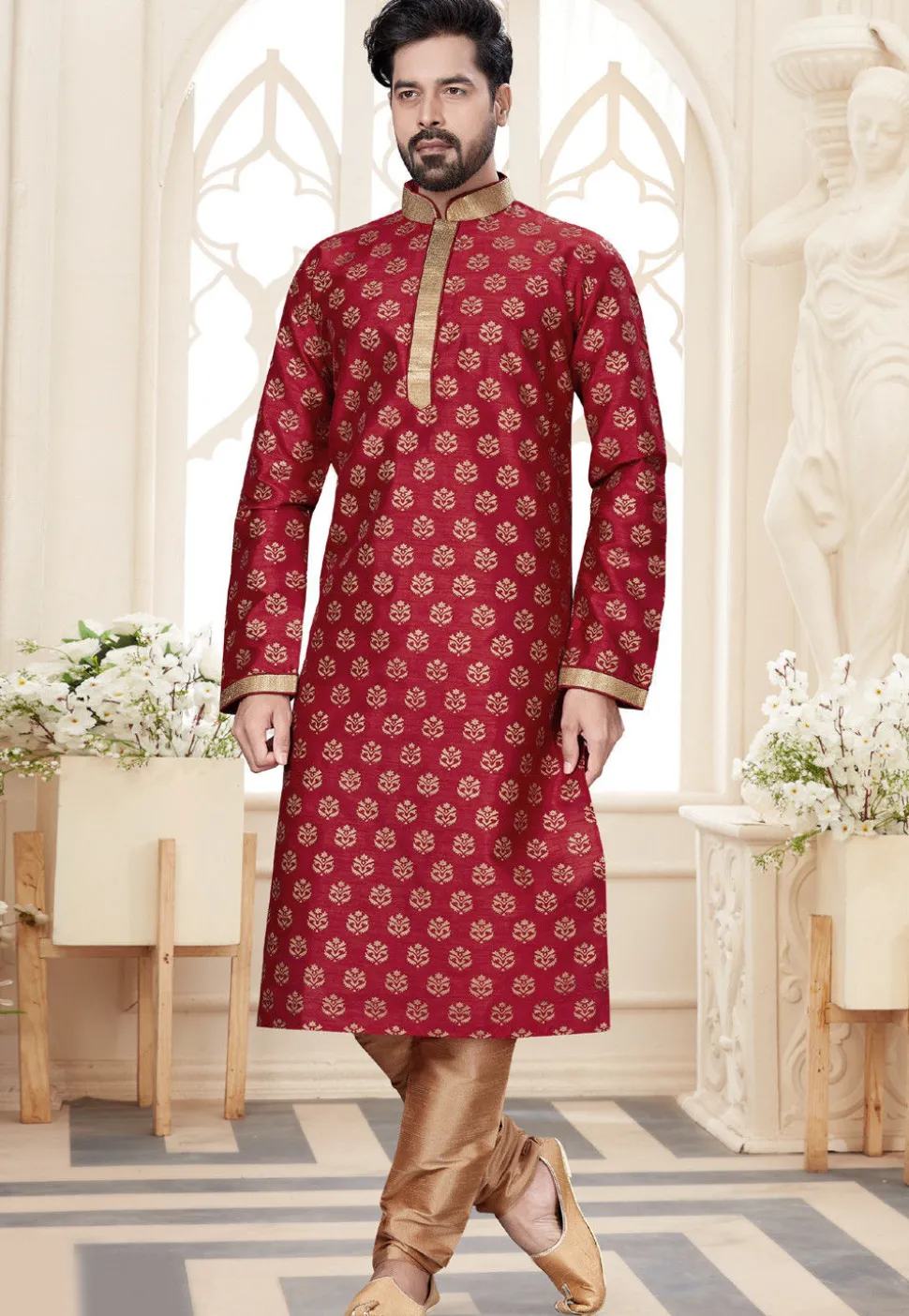 Golden Printed Dupion Silk Kurta Set in Red