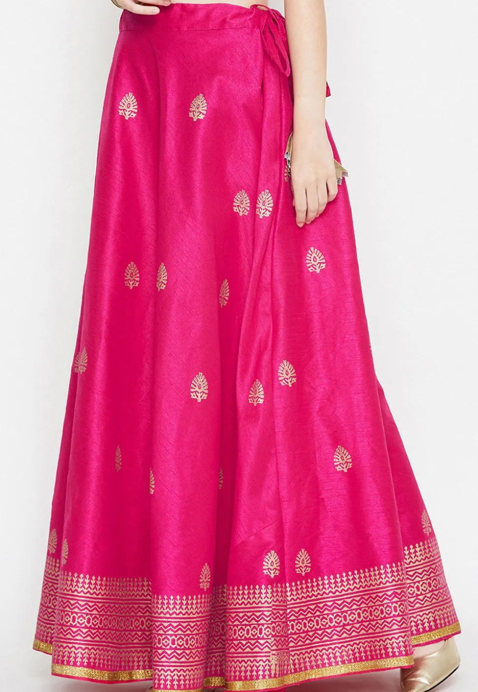 Golden Printed Dupion Silk Skirt in Fuchsia