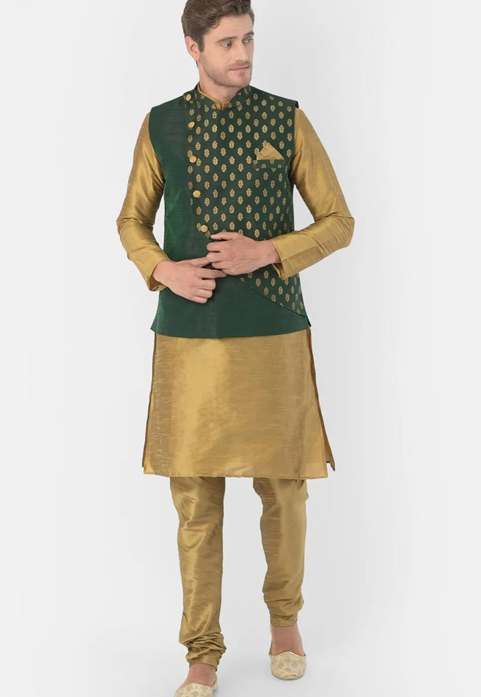 Golden Printed Dupion Silk Kurta Jacket Set in Golden and Green