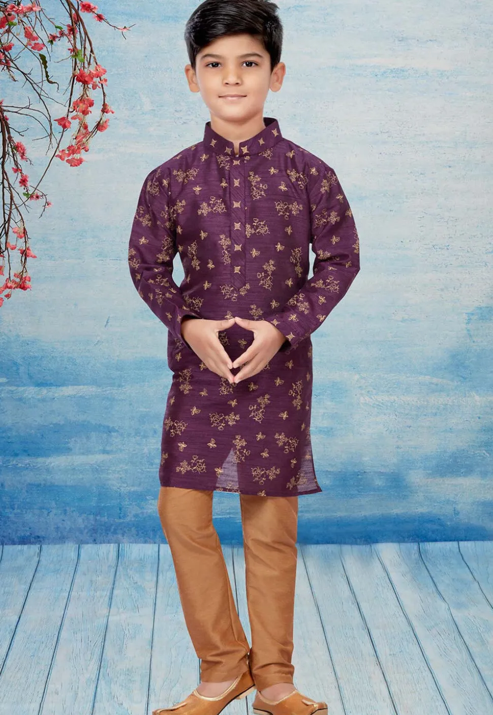 Golden Printed Dupion Silk Kurta Set in Purple