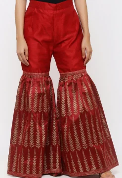 Golden Printed Dupion Silk Sharara in Maroon