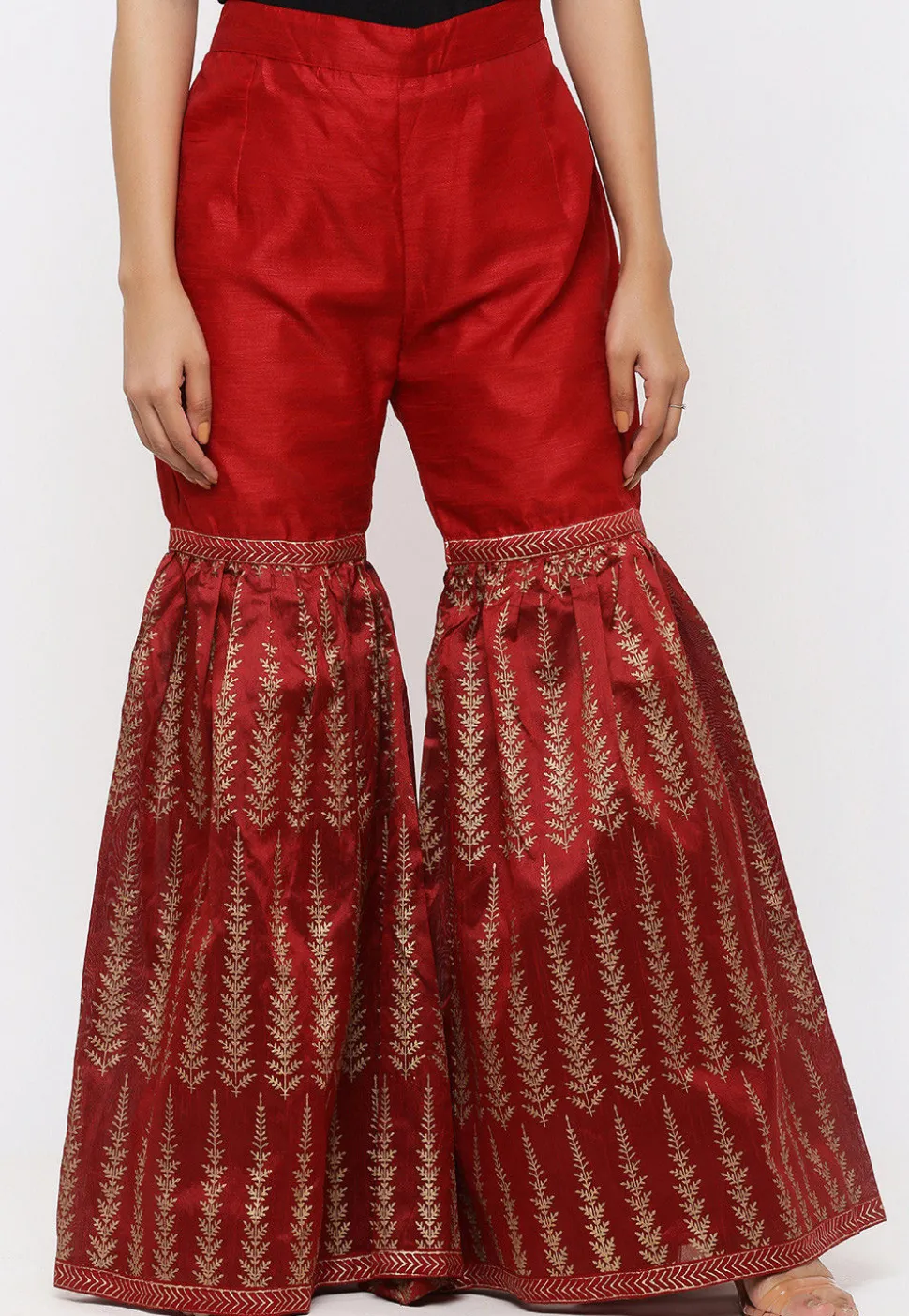 Golden Printed Dupion Silk Sharara in Maroon