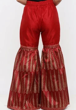 Golden Printed Dupion Silk Sharara in Maroon