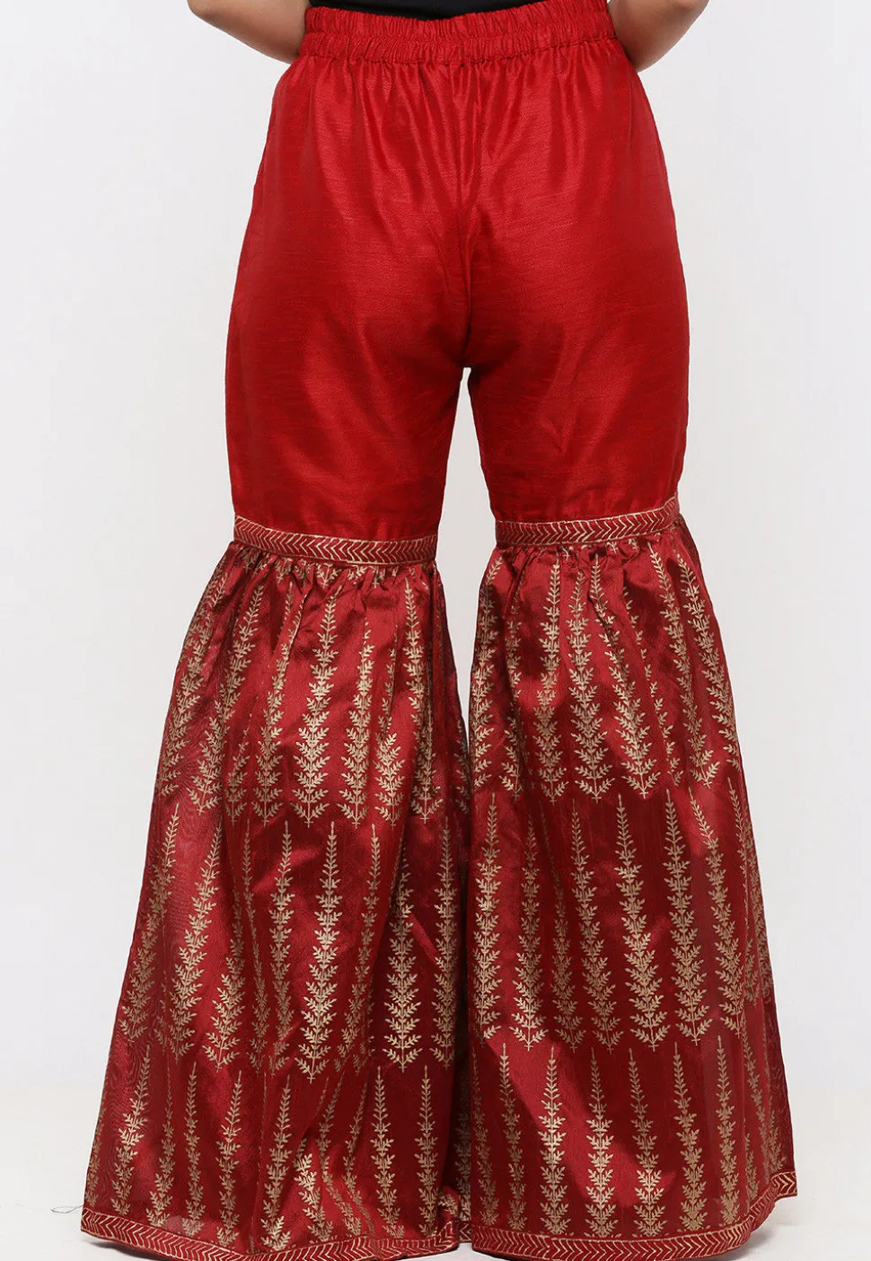 Golden Printed Dupion Silk Sharara in Maroon