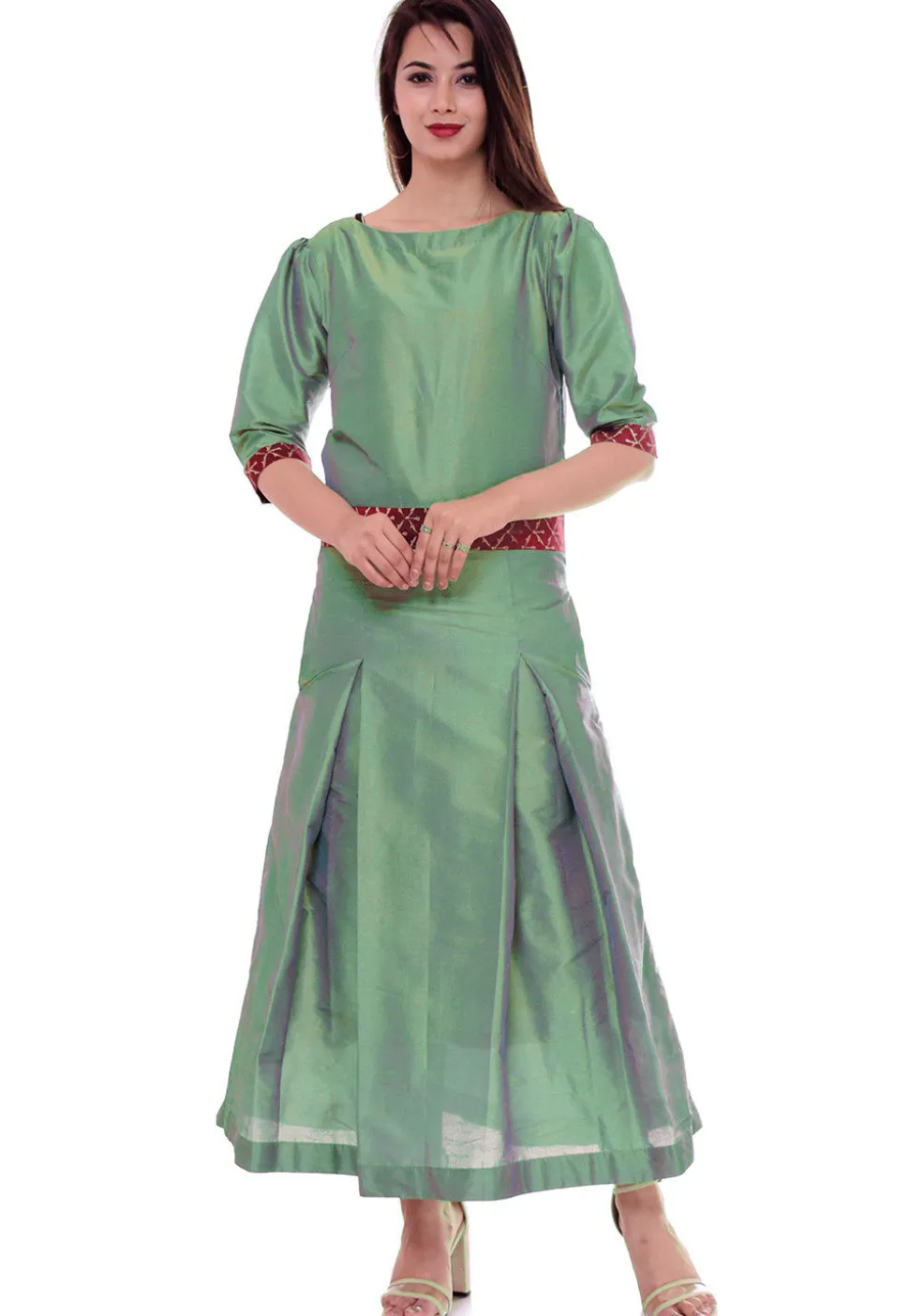 Golden Printed Dupion Silk Kurta in Dusty Green