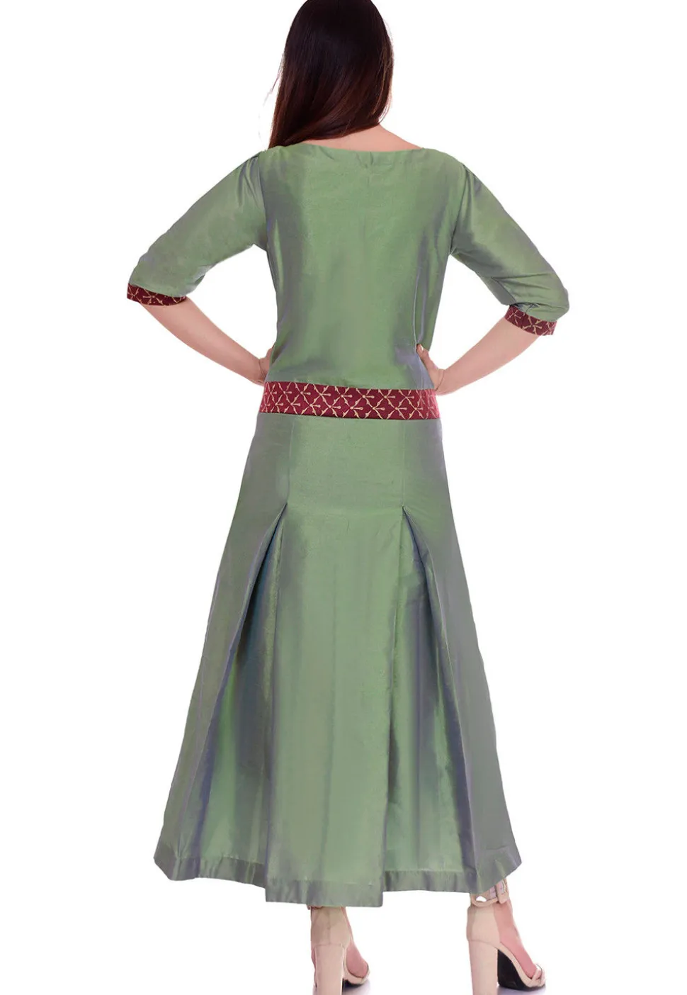 Golden Printed Dupion Silk Kurta in Dusty Green